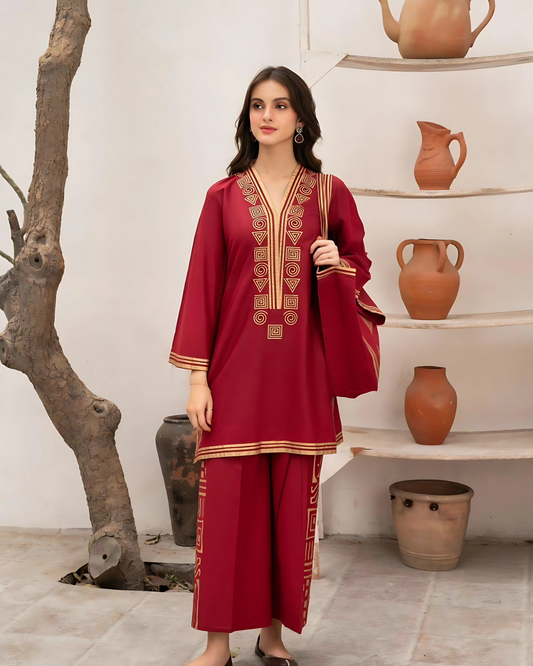 Embroidered Linen Shirt and Trouser with Handbag