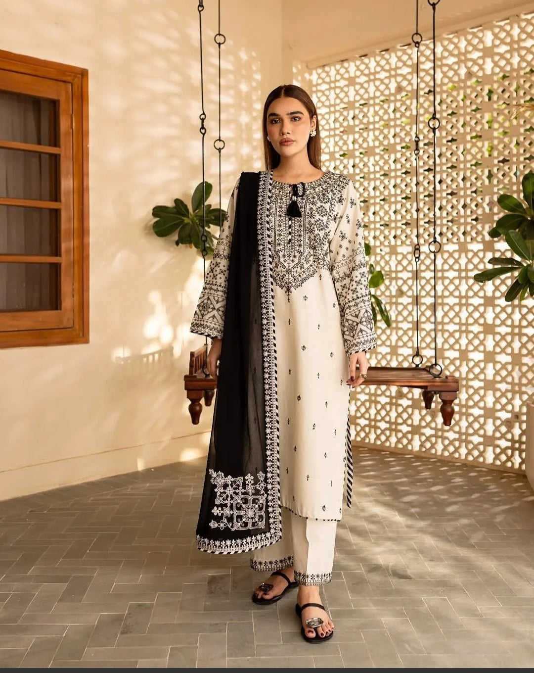 Embroidered Cotton Fabric off-white Stitched Suit with Organza Dupatta