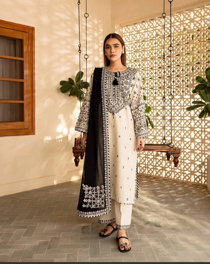 Embroidered Cotton Fabric off-white Stitched Suit with Organza Dupatta