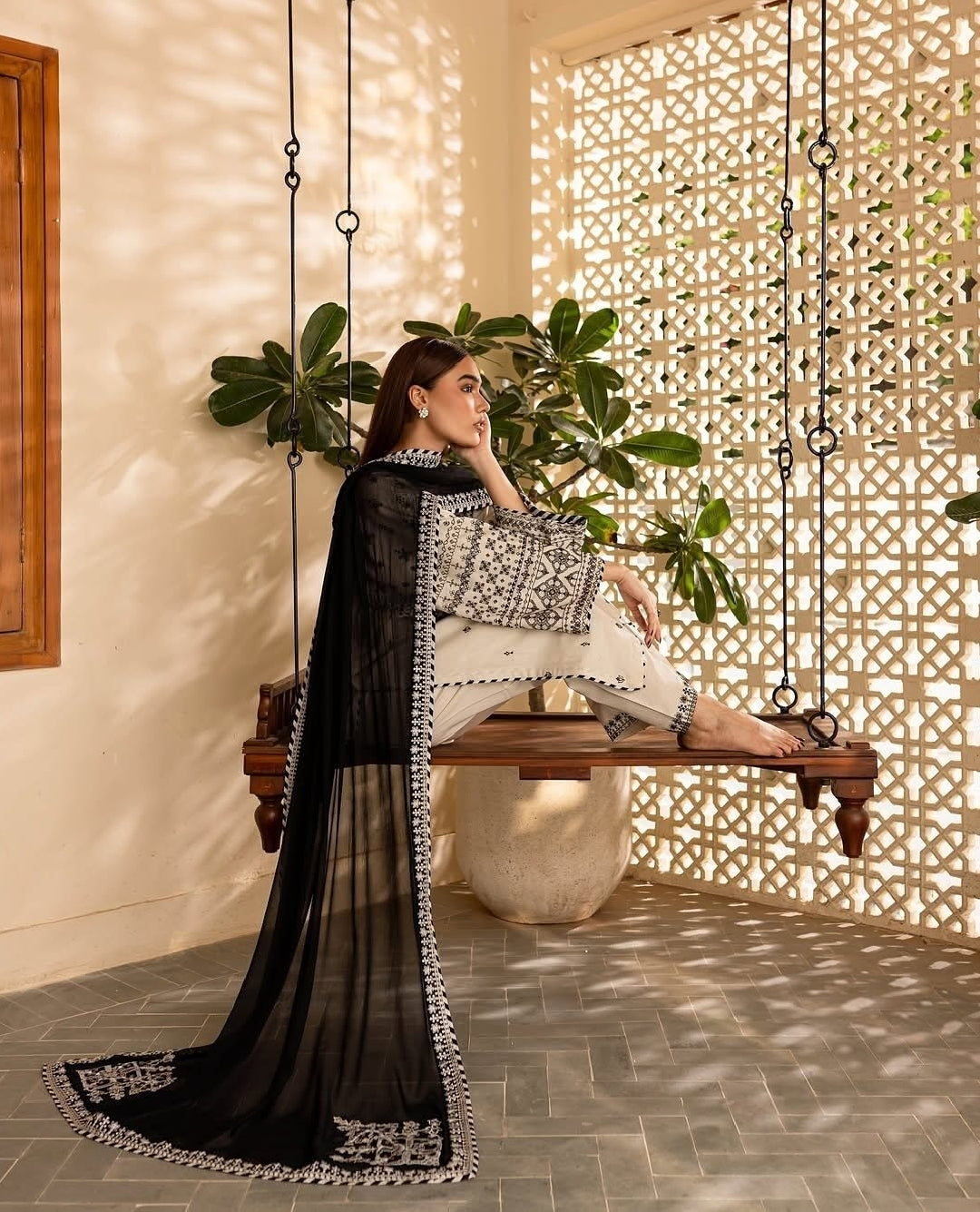 Embroidered Cotton Fabric off-white Stitched Suit with Organza Dupatta