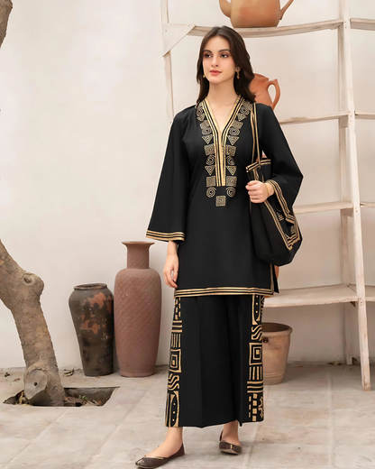 Embroidered Linen Shirt and Trouser with Handbag