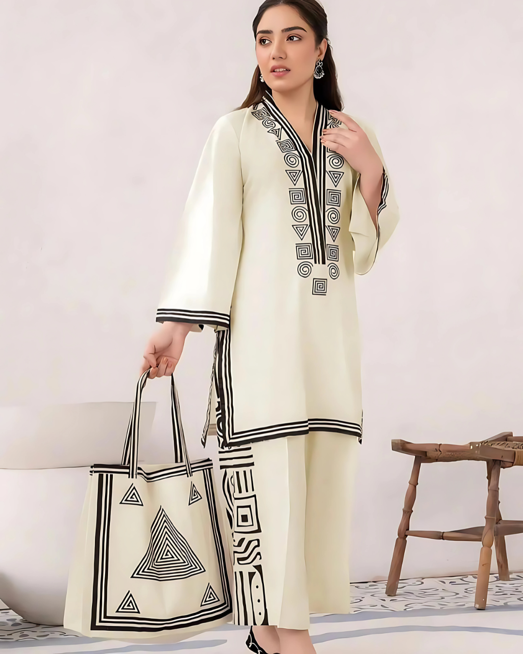 Embroidered Linen Shirt and Trouser with Handbag