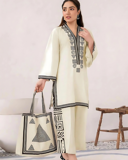 Embroidered Linen Shirt and Trouser with Handbag