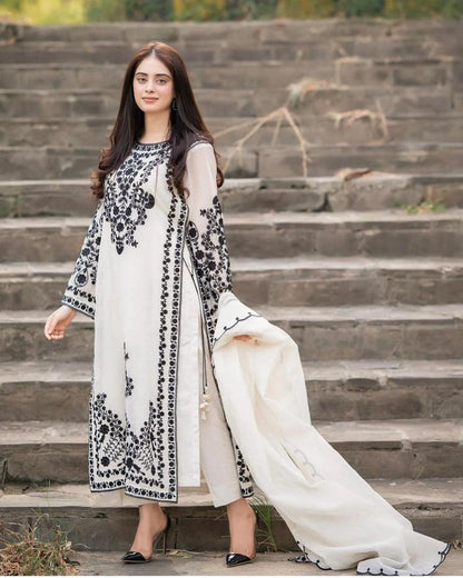 3-Piece Organza Embroidered Stitched Suit