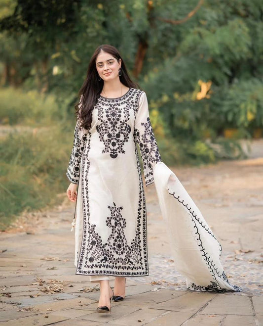 3-Piece Organza Embroidered Stitched Suit