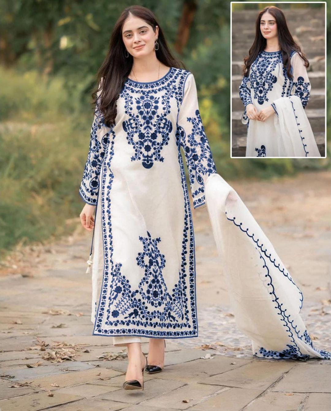 3-Piece Organza Embroidered Stitched Suit