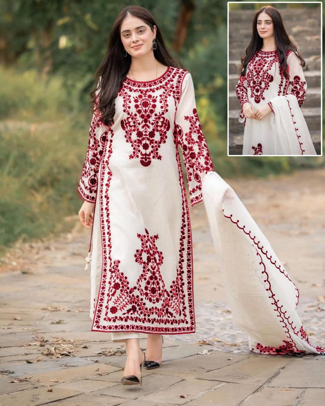 3-Piece Organza Embroidered Stitched Suit