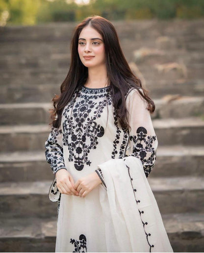 3-Piece Organza Embroidered Stitched Suit