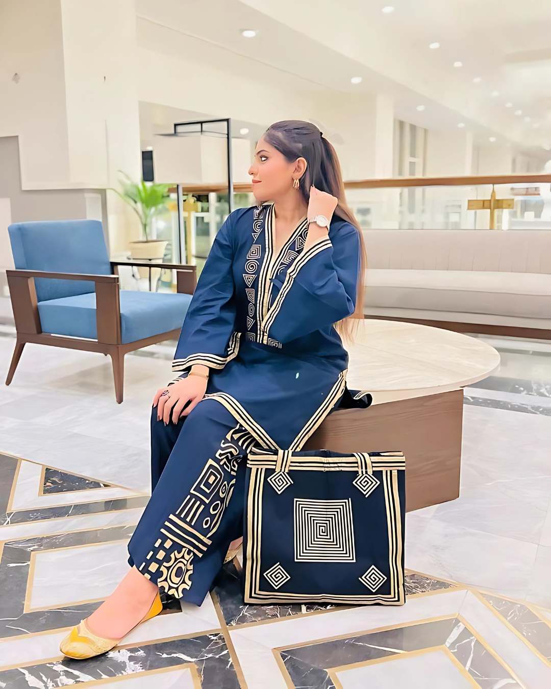 Embroidered Linen Shirt and Trouser with Handbag