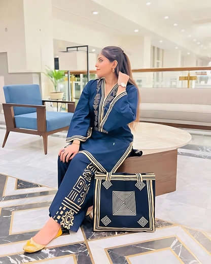 Embroidered Linen Shirt and Trouser with Handbag