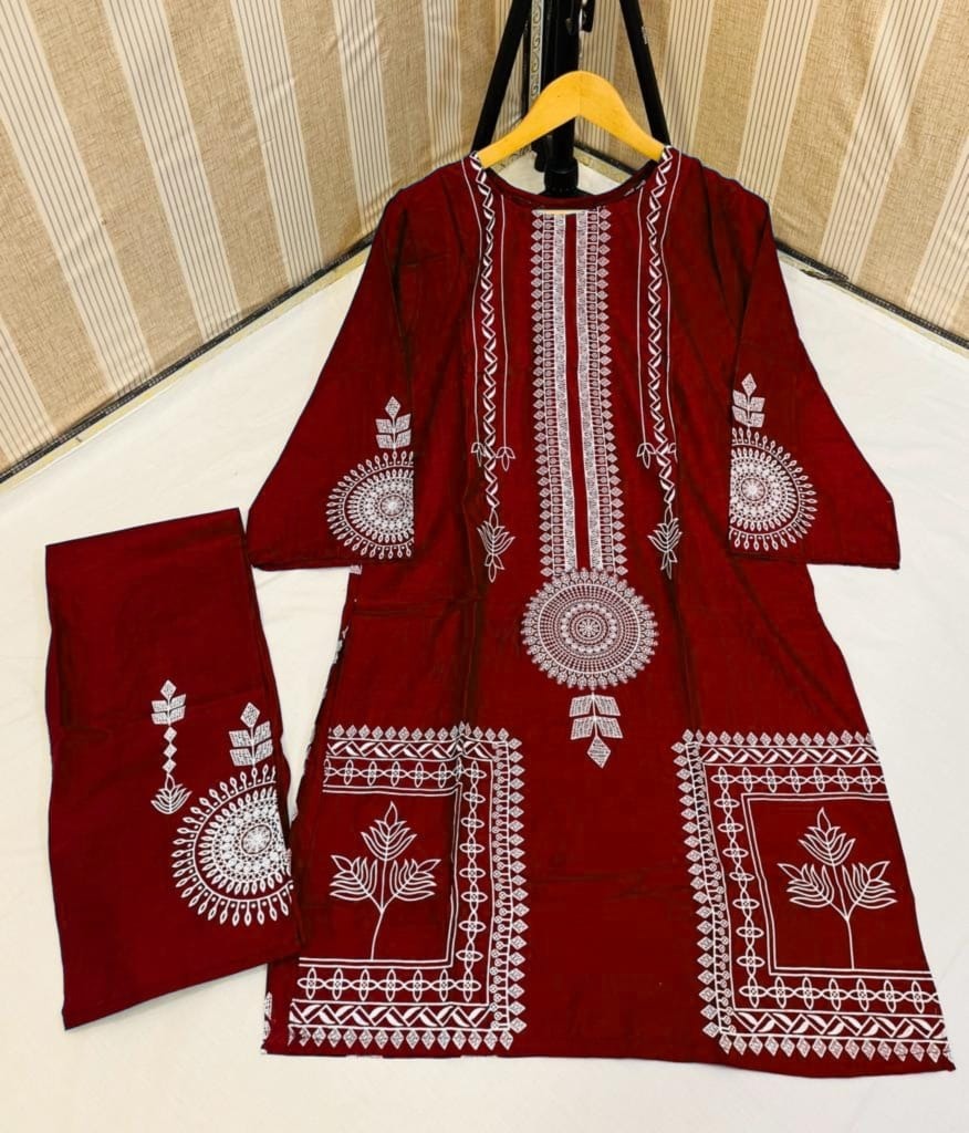 Breathable linen - 2 Pcs Women's Stitched Block Printed Suit