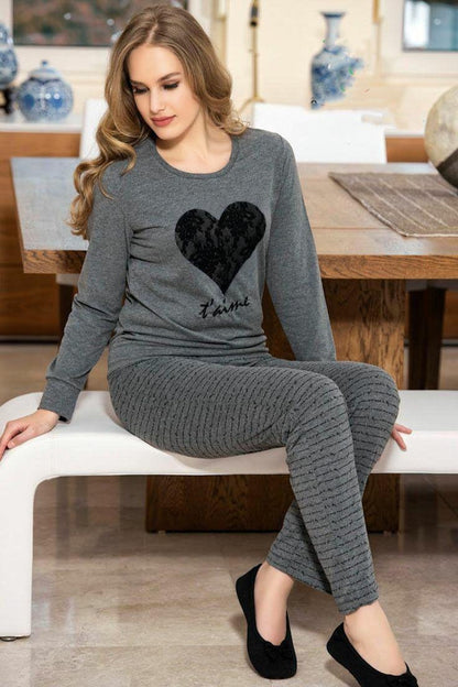 Heart Printed Stylish Full Sleeves Round Neck T-Shirt and Pajama Cotton Night Suit